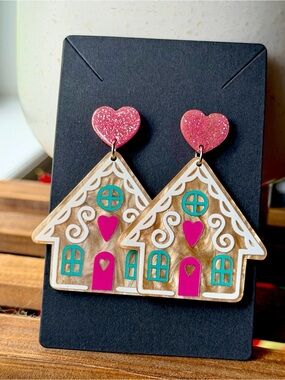 Cute and festive Pink Heart Gingerbread House Holiday Earrings
